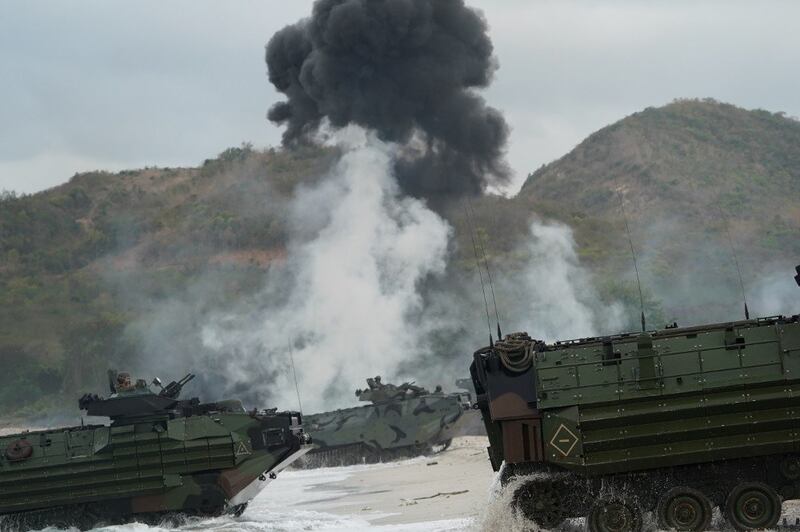 U.S. and Thai amphibious vehicles land at Had Yao beach in Chanthaburi province as part of a training exercise during the Cobra Gold program, Feb. 28, 2020. 